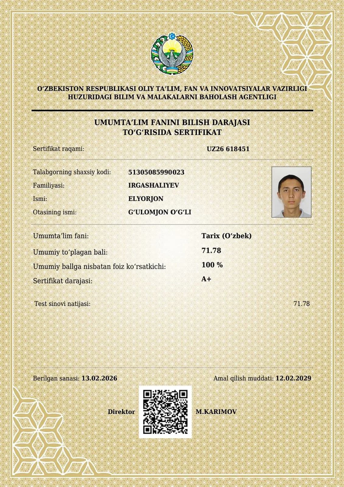 Tarix fanidan A+ darajali sertifikat