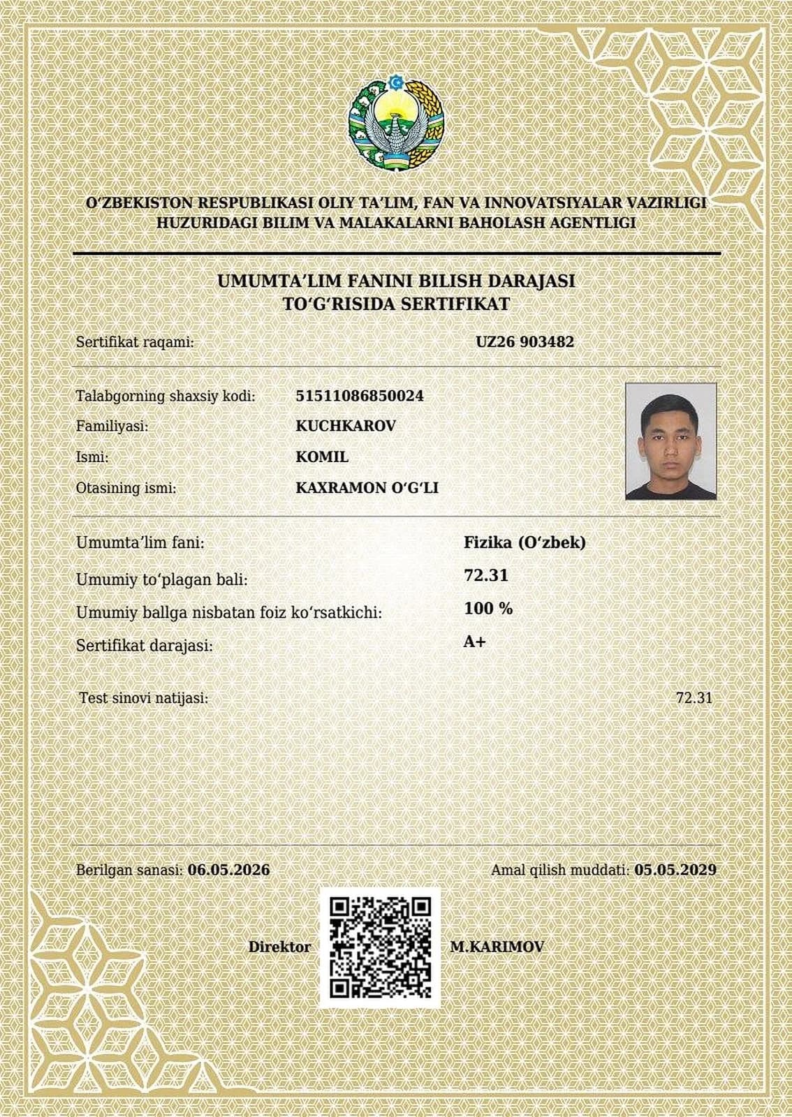 Fizika fanidan A+ darajali sertifikat