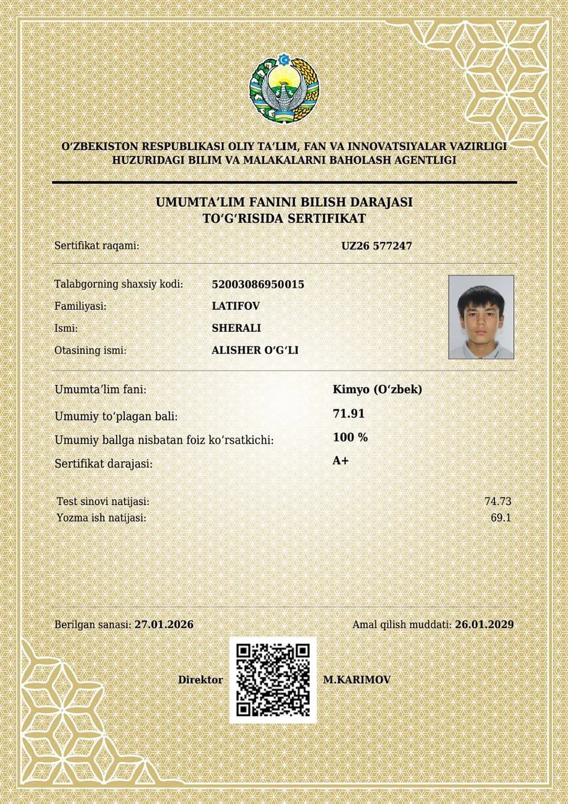 Kimyo fanidan A+ darajali sertifikat
