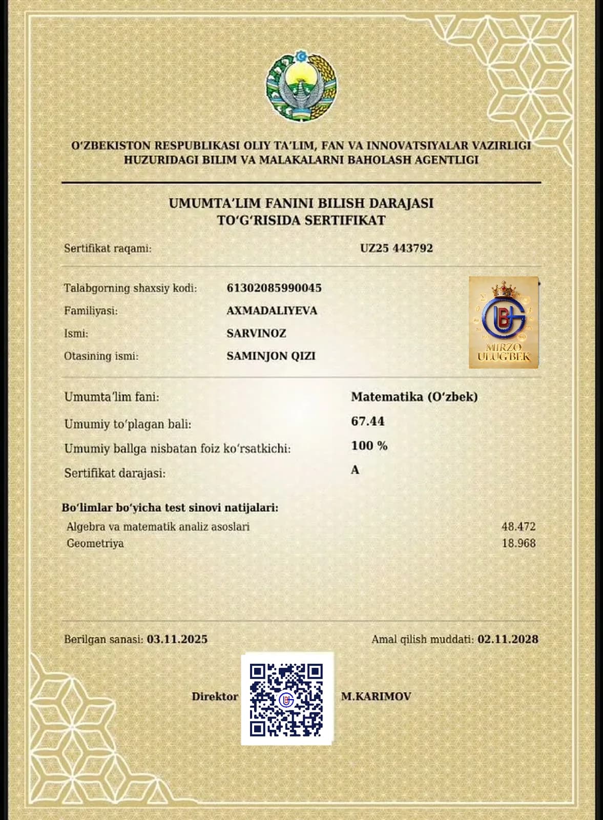 Matematika fanidan A darajali sertifikat