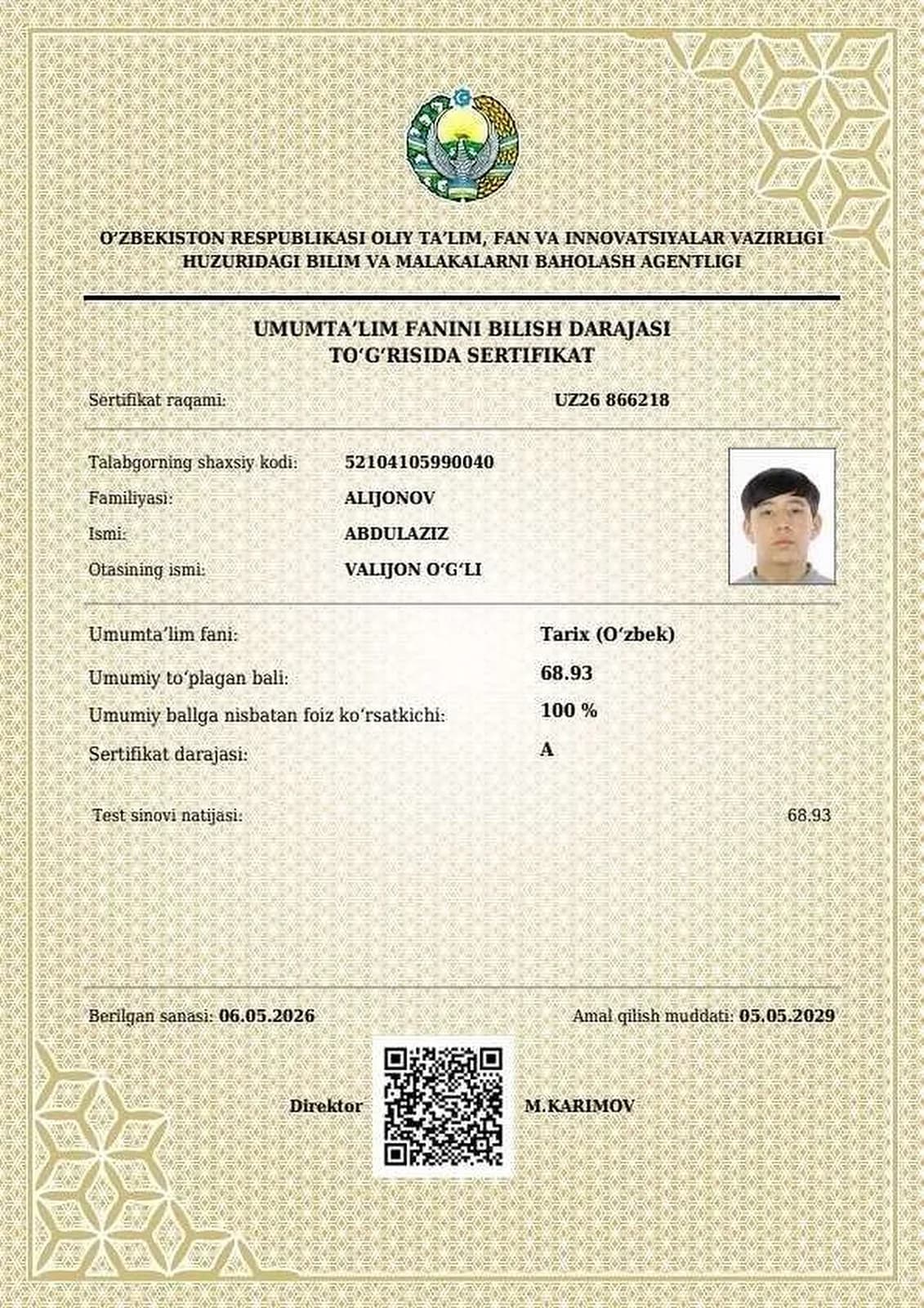 Tarix fanidan A darajali sertifikat