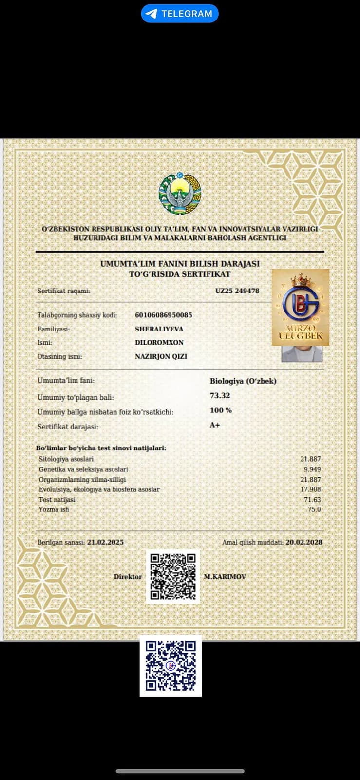 Biologiya fanidan A+ darajali sertifikat