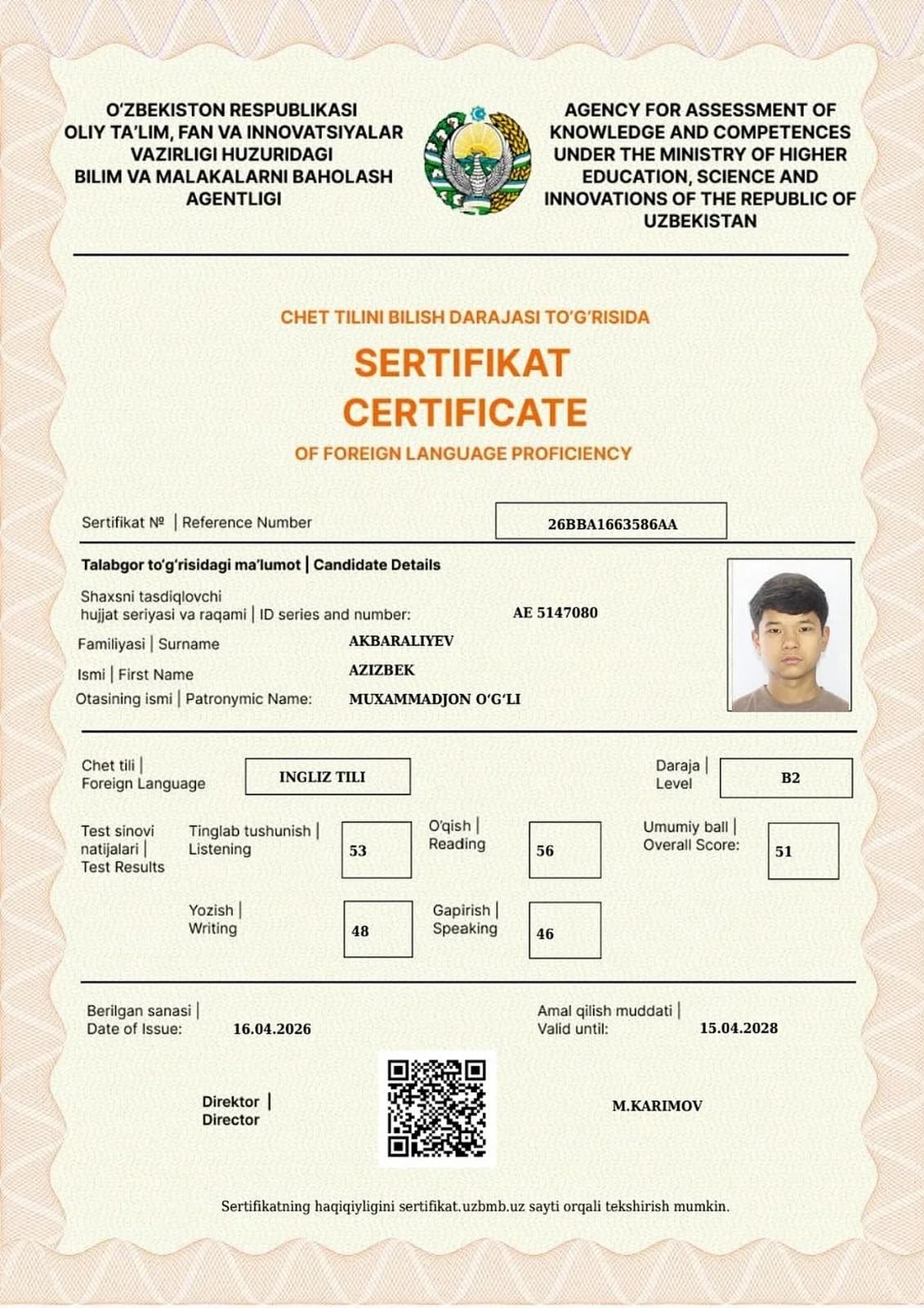 Ingliz tili fanidan B2 darajali sertifikat