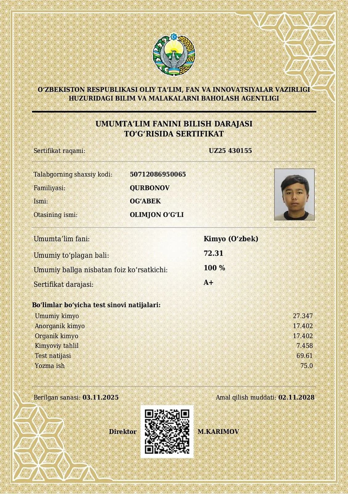 Kimyo fanidan A+ darajali sertifikat