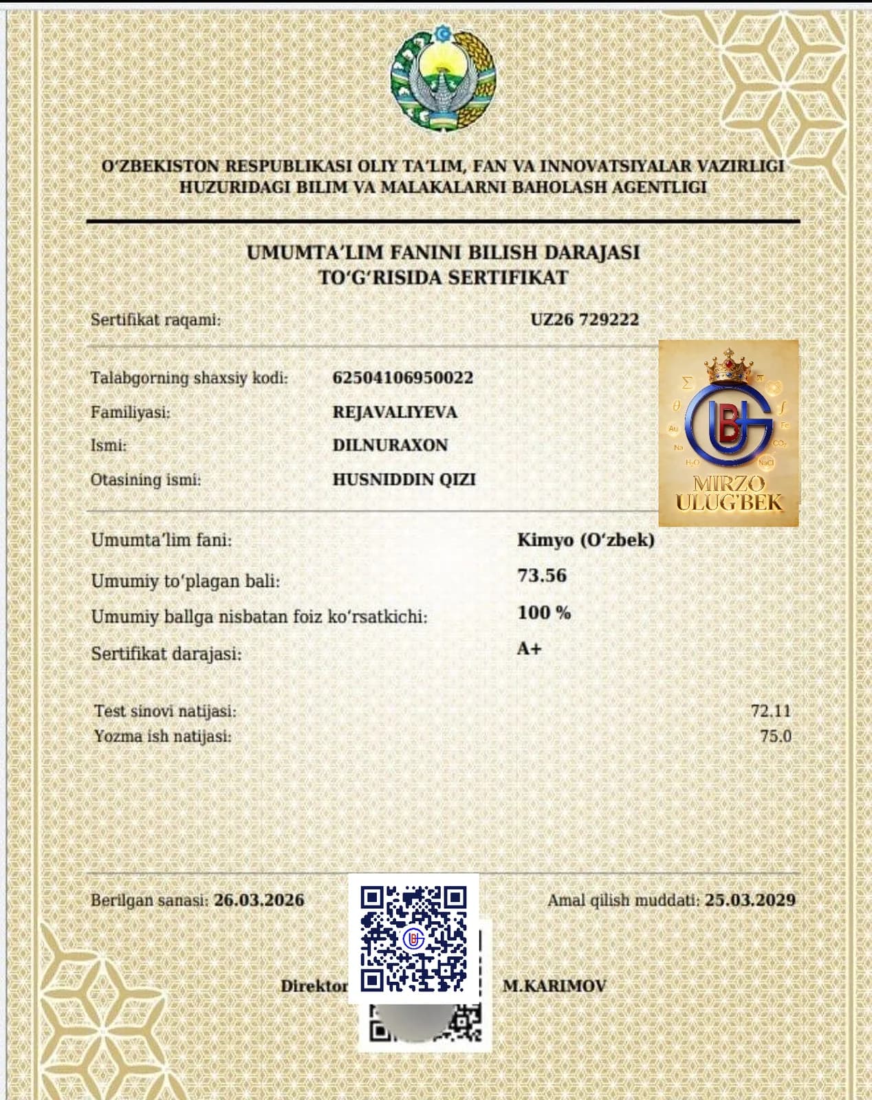Kimyo fanidan A+ darajali sertifikat