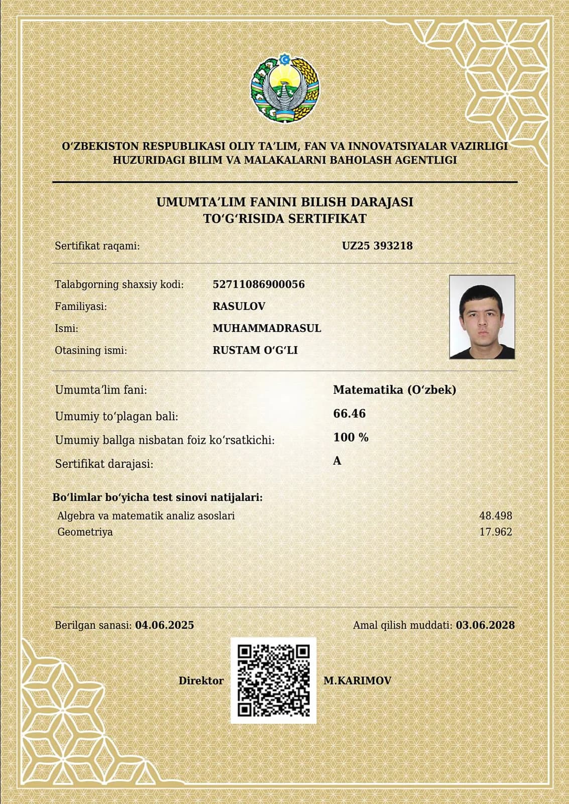 Matematika fanidan A darajali sertifikat