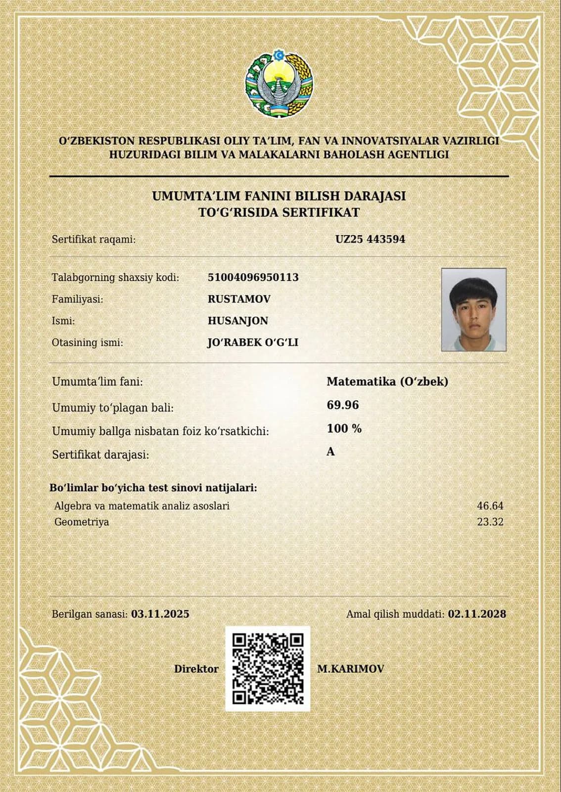 Matematika fanidan A darajali sertifikat