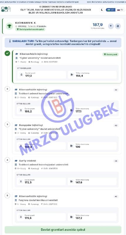 🎓 BMBA natijalari: Maktabimiz o'quvchisi Kuchjkarov K. K. "Cyber University" da…