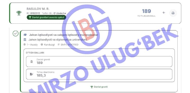 Mirzo Ulug'bek xususiy maktabining o'quvchisi BMBA natijasida muvaffaqiyat qozo…