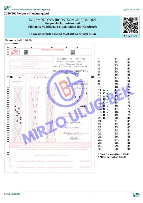 BMBA (DTM) natijasi — Mirzo Ulug'bek xususiy maktabining o'quvchisi Xo'jamqulov…