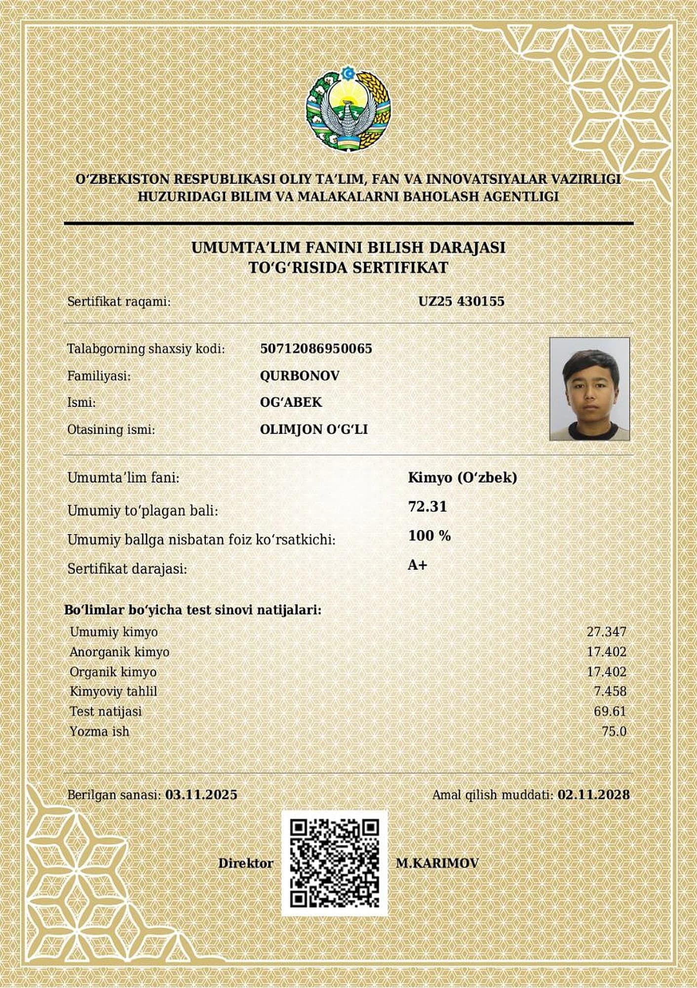 Qurbonov Ogabek — Kimyo fanidan A+ darajali sertifikat