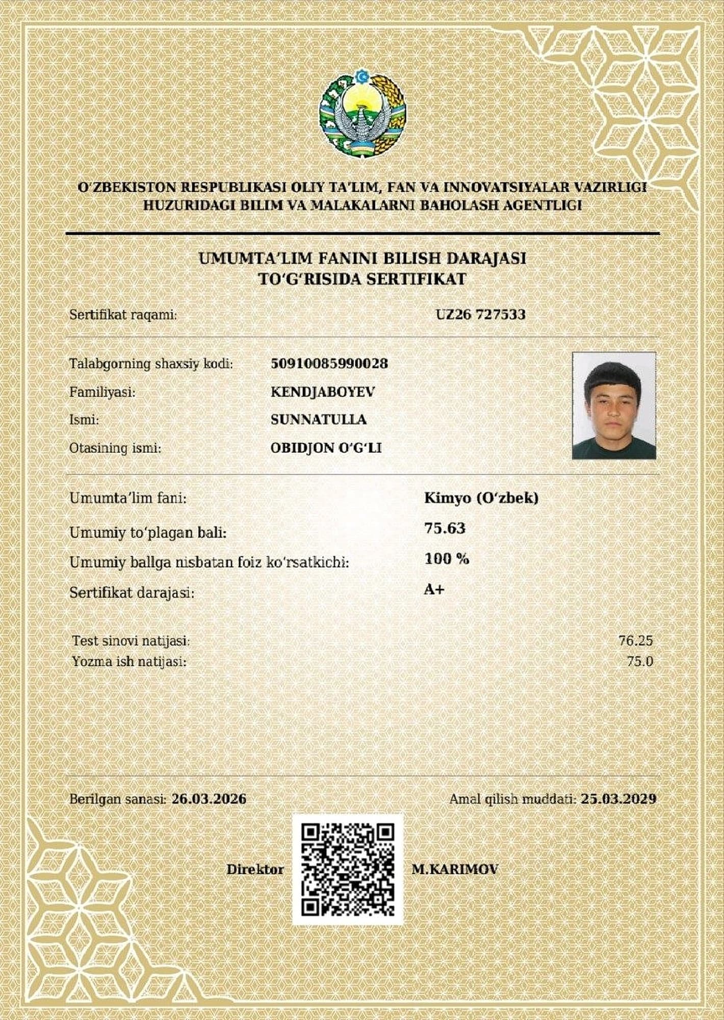 Kendjaboyev Sunnatulla — Kimyo fanidan A+ darajali sertifikat
