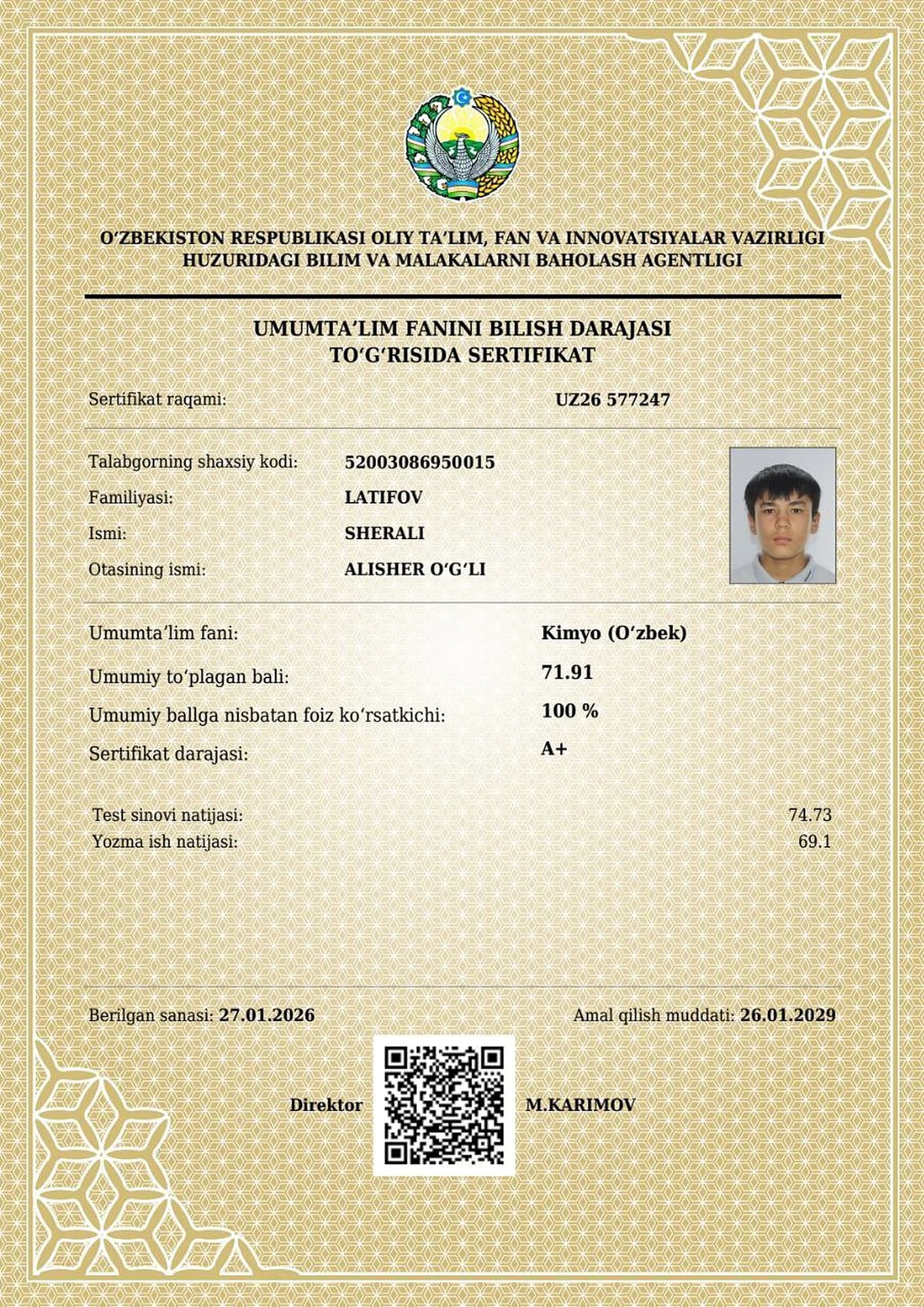 Latifov Sherali — Kimyo fanidan A+ darajali sertifikat